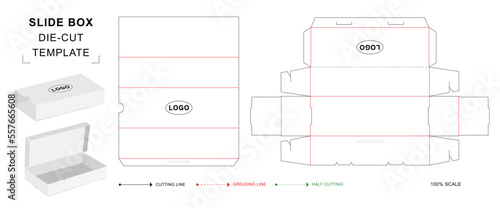 Slider box die cut template with two 3D blank vector mockup for food packaging