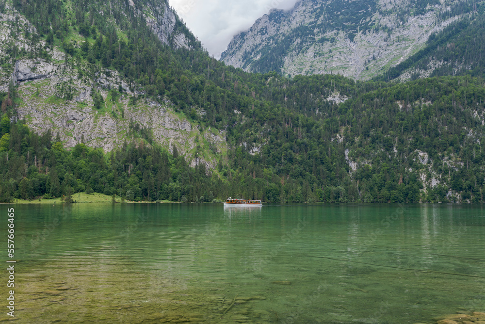 Passenger boat crossing the Königssee, a natural lake in the extreme southeast Berchtesgadener Land district of the German state of Bavaria, near the Austrian border