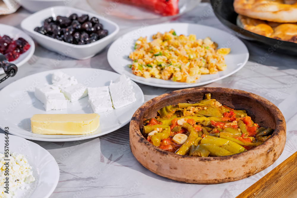 Hearty rich turkish breakfast on a table in restaurant