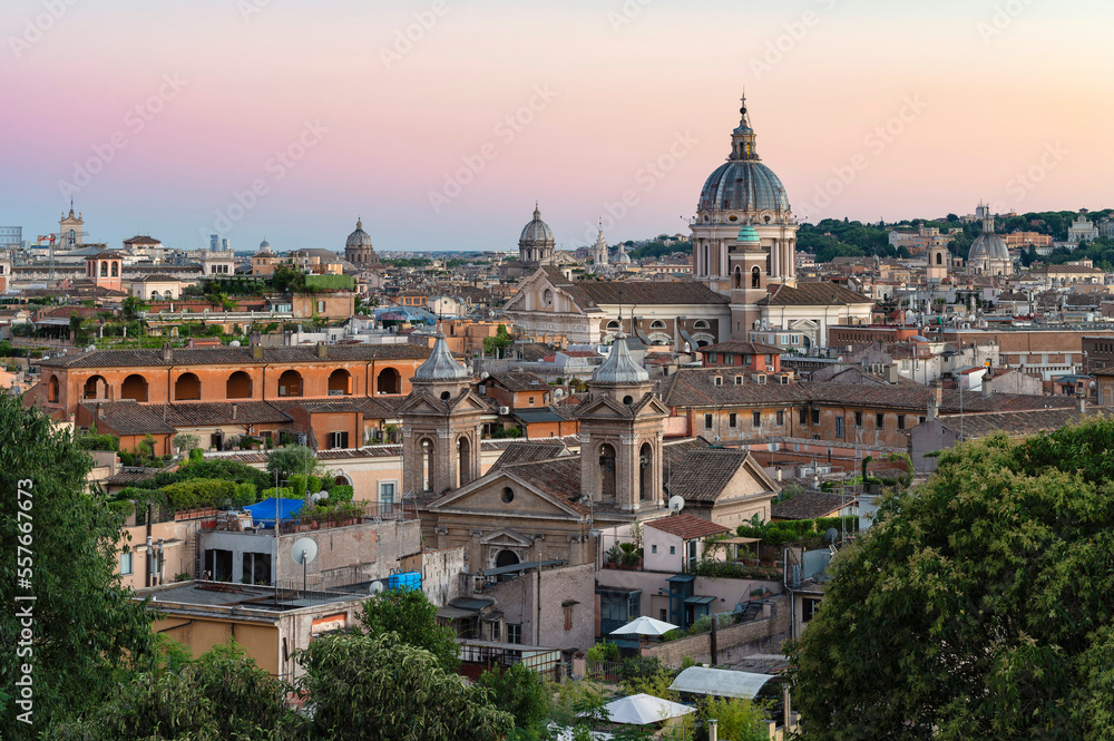 Aerial view of ancient city of Rome, Italy during Sunset