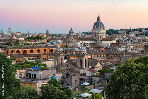 Aerial view of ancient city of Rome, Italy during Sunset
