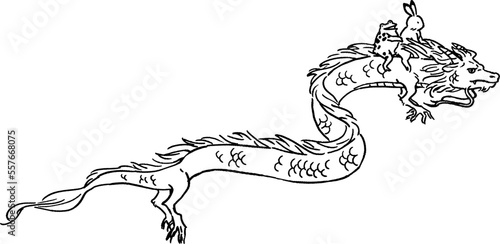 年賀状　鳥獣戯画　うさぎとカエルが龍に乗るイラストレーション