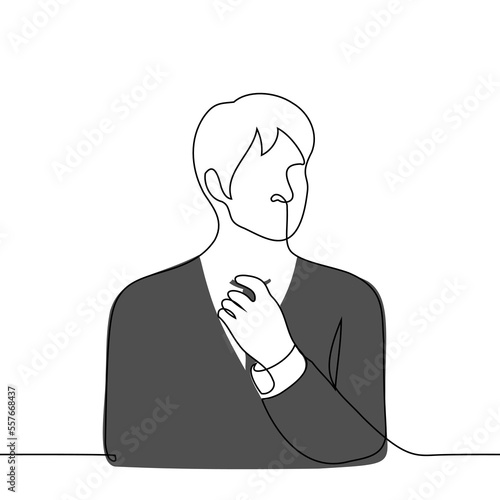 man in a jacket straightens a long tie - one line drawing vector. the concept of loosening the neck, putting on a business suit