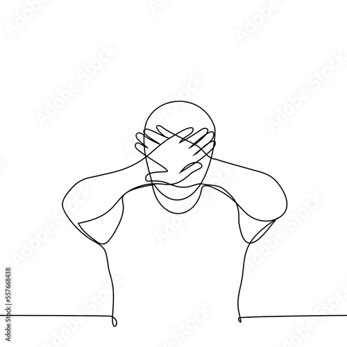 man put his hands out and crossed his palms in front of him - one line drawing vector. concept forbidden, ban, denied, canceled