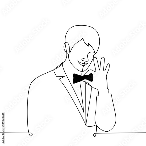 man smiling straightening his bow tie - one line drawing vector. concept happy man in tuxedo