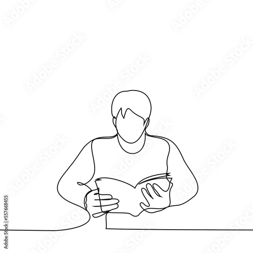 man is sitting at a table with a paperback book - one line drawing vector. book lover concept, reader in library, student with textbook