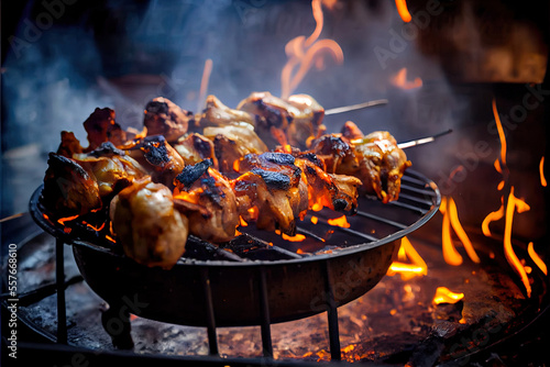 Fototapeta Grilling Chicken meat shashlik on metal skewers