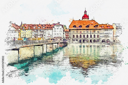 Watercolor beautiful landscape view Luzern famous town at Switzerland.