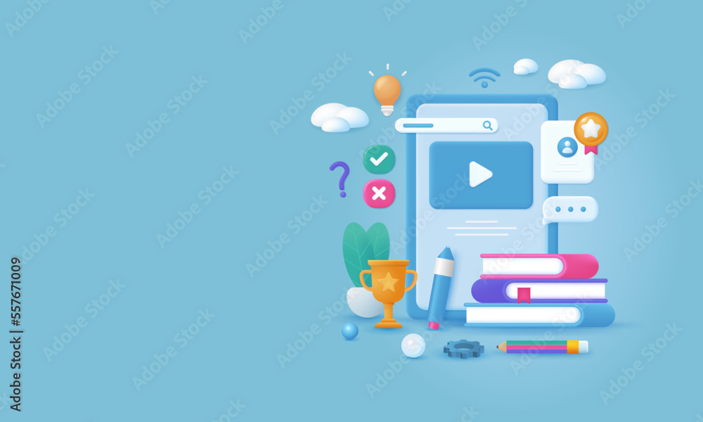 Online education and distance learning concept. Online video training at home. 3d vector EPS10. Online education and distance learning concept. Online video training at home. 3d vector EPS10.