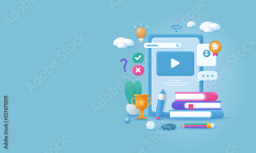 Online education and distance learning concept. Online video training at home. 3d vector EPS10.