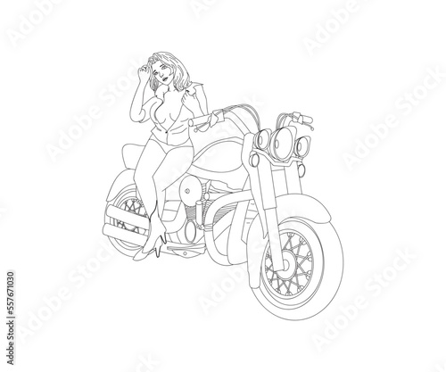 line illustration.
bikers swimsuit beautiful sexy woman.
posing with super bikes.
vector doodle.