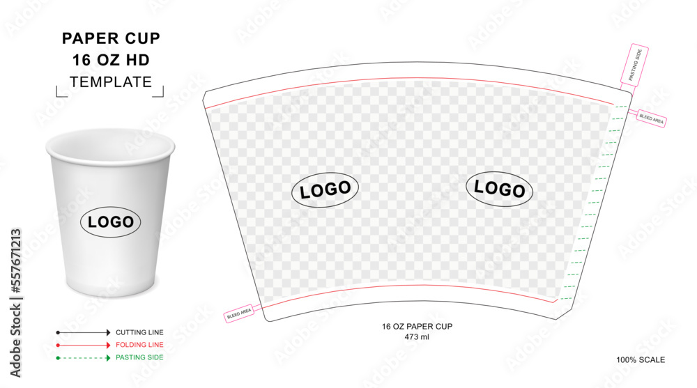 Paper cup die cut template for 16 ounce Hot Drink with 3D blank vector ...
