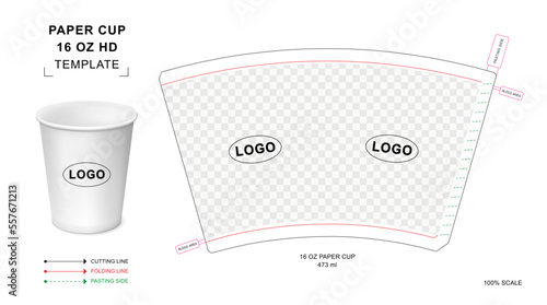 Wallpaper Mural Paper cup die cut template for 16 ounce Hot Drink with 3D blank vector mockup for food packaging	 Torontodigital.ca