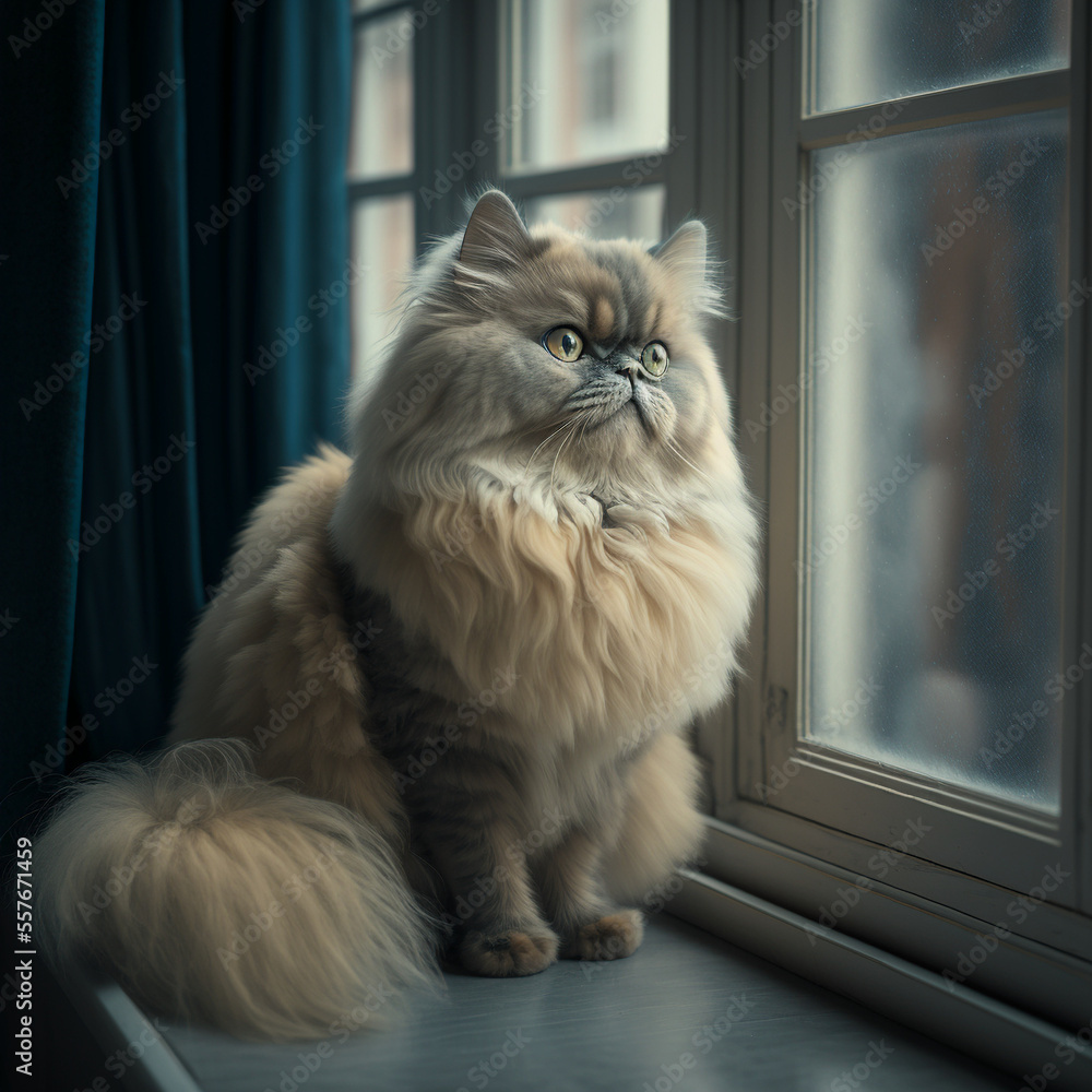 annoyed Persian cat sitting by the window portrait, Generative AI