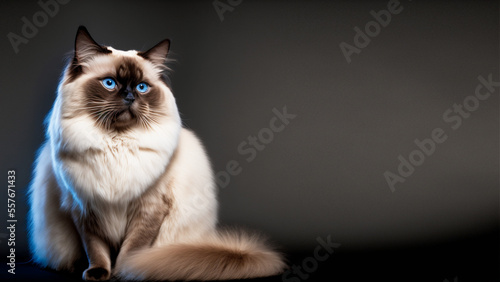 cute Birman cat sitting, looking the camera blue eyes, copy space, generative ai