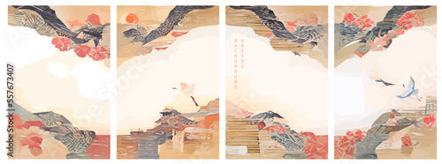 Set of Japanese background. Ukiyoe traditional illustration of landscape, mountains, pagoda, Sakura.