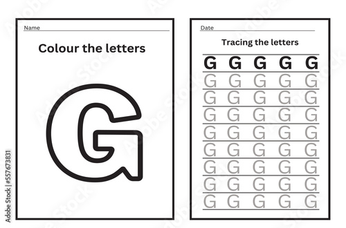 Alphabet tracing practice Letter G. Tracing practice worksheet. Learning alphabet activity page. Printable template. Uppercase and lowercase ABC trace practice worksheet. Learning English handwriting