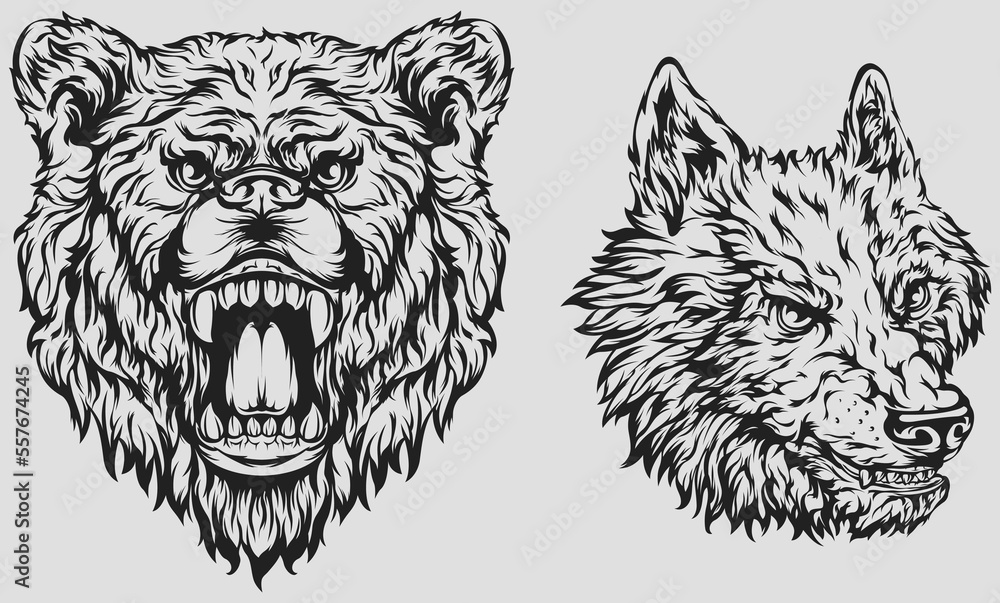 Head of bear, dog, wolf. Abstract character illustration. Graphic logo designs template for emblem. Image of portrait. Head of bear, dog, wolf. Abstract character illustration. Graphic logo designs template for emblem. Image of portrait.