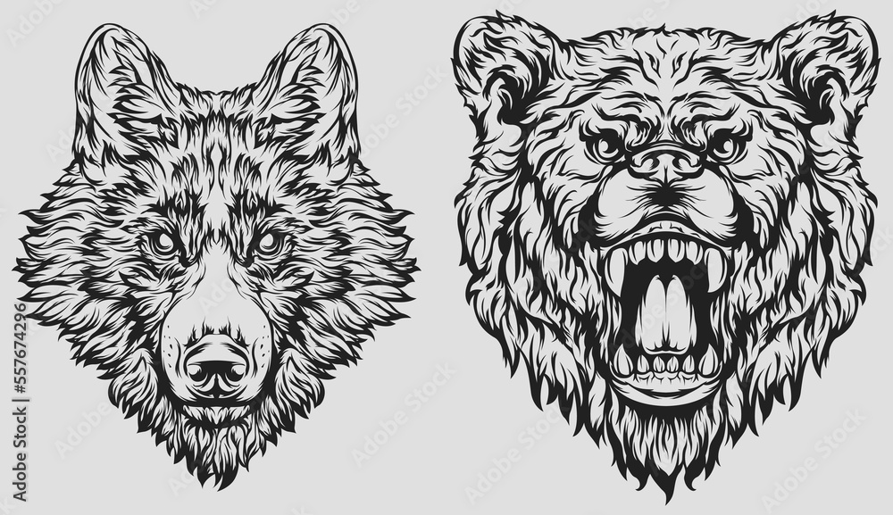 Fototapeta premium Head of bear, wolf. Abstract dog character illustration. Graphic logo designs template for emblem. Image of portrait.
