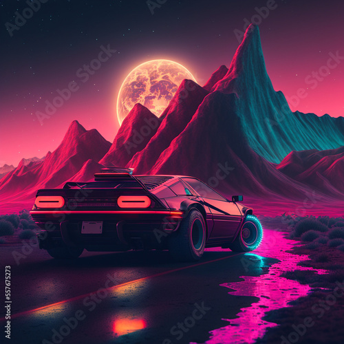 ai generated art of a car drive with the landscape behind the scene, scifi, retrowave, syntwave, wallpaper HD, cover art