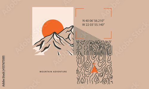 Mountain adventure print design for t shirt and others. Wooden texture graphic artwork for sticker, poster, background.