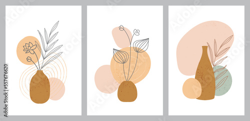 Botanical wall art vector set. Floral and Foliage line art drawing with abstract shape. Abstract Plant Art design for print, cover, wallpaper, minimal and natural wall art. Vector illustration.