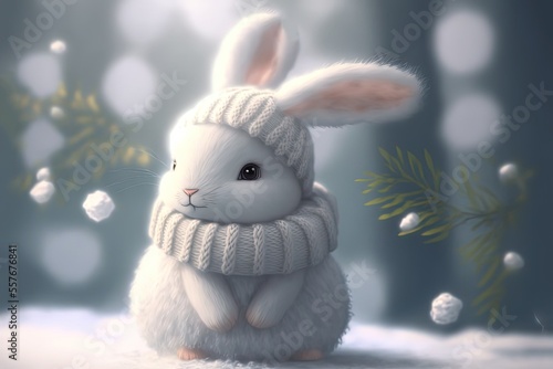 cute white rabbit wearing scarf on snowy night with bokeh light of Christmas light as background