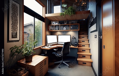 Print op canvas illustration of small house interior design, office area use double-duty furnitu