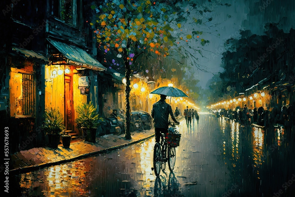 oil painting style illustration of town landscape in night time, Ha Noi, Vietnam - obrazy, fototapety, plakaty 