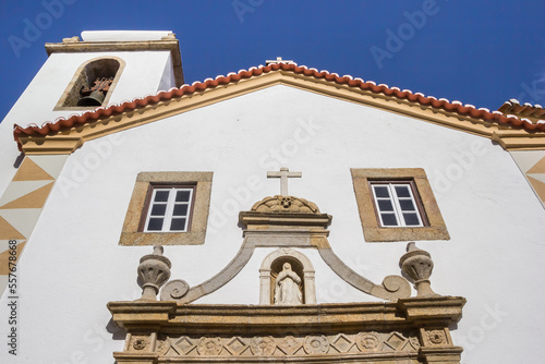 Front facade of the historic Espirito Santo church in Marvao, Portugal