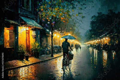 oil painting style illustration of town landscape in night time, Ha Noi, Vietnam