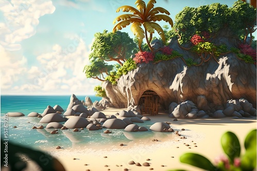 Rocky island with a cave and a broken wooden door with vines  palm tree and flowers against the sea. AI generated.