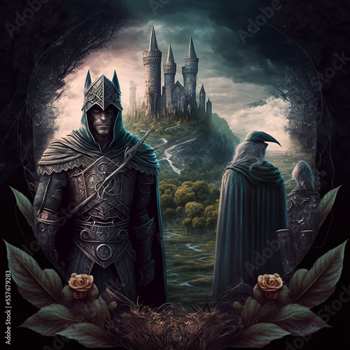 In the foreground are the magician merlin and king arthur. The kingdom of camelot and the castle of camelot in the background. Created with Generative AI technology.