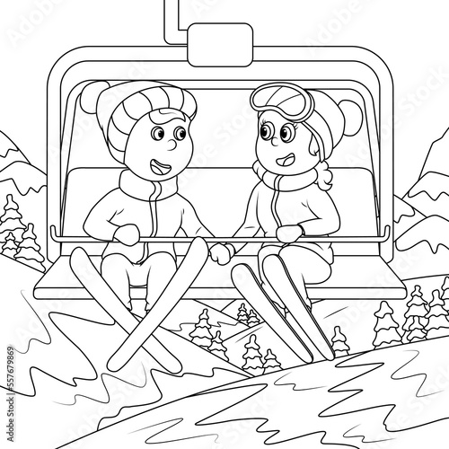 The boy and girl are on the ski lift in the mountains. Coloring book for children. vector illustration