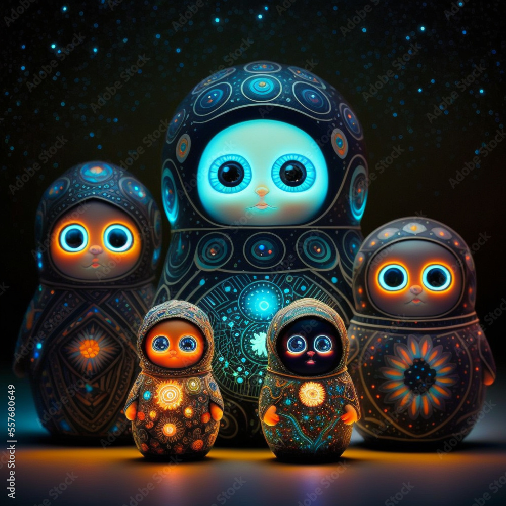 Ornamental Matryoshka Russian Dolls with luminous flourescent patterns Ornamental Matryoshka Russian Dolls with luminous flourescent patterns