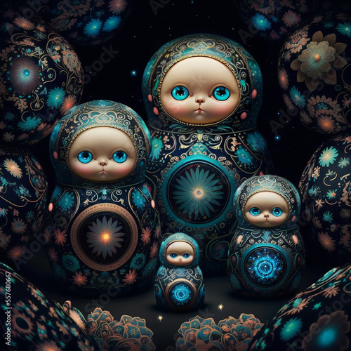Ornamental Matryoshka Russian Dolls with luminous flourescent patterns