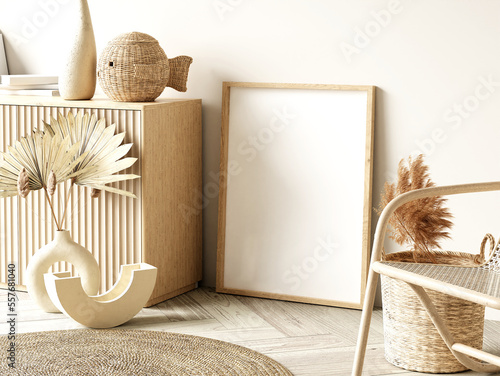 Frame and poster mockup in Boho style interior. 3d rendering, 3d illustration