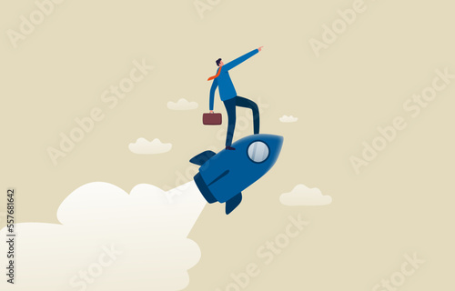 Career start or growth. .Ambition for success. Launch new work, job, startup project concept. Businessman with a rocket rising.