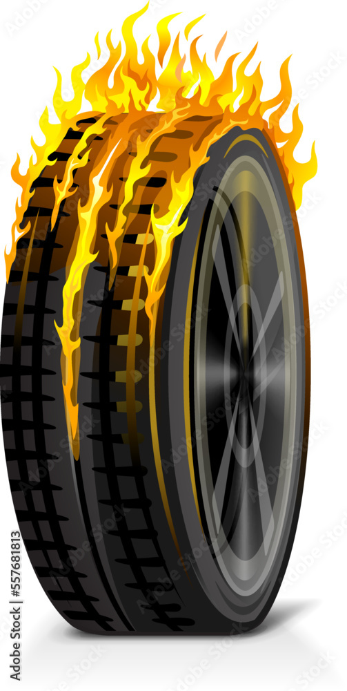 One realistic burning tire vertically rotates with flames creative ...
