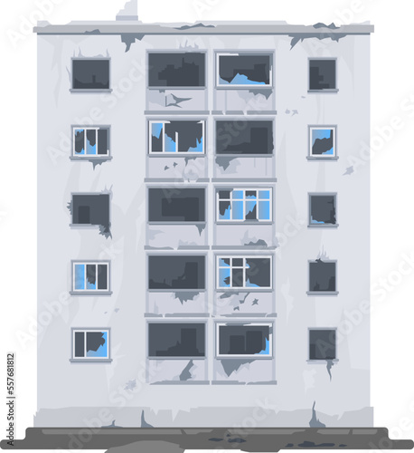 One five-story eastern european destroyed building, war destruction isolated illustration