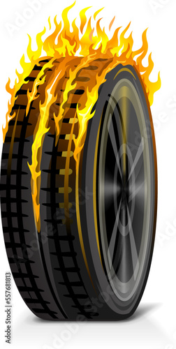 One realistic burning tire vertically rotates with flames creative concept isolated illustration, burning tires revolutionary barricade concept