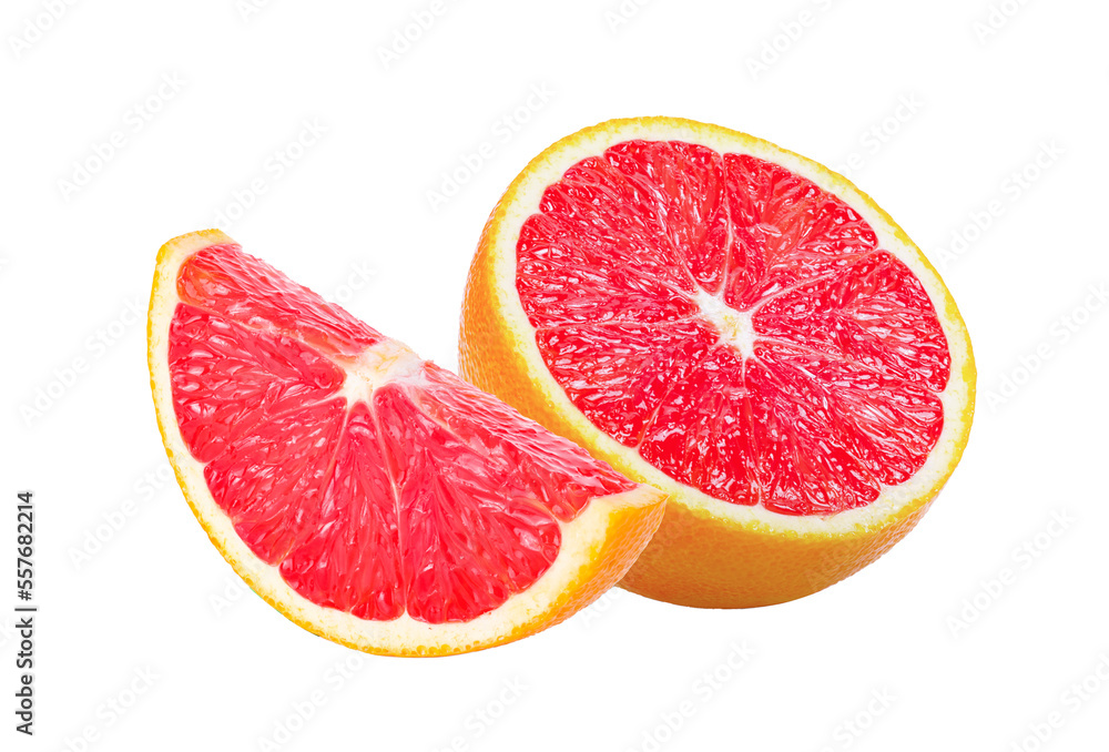 Ripe slice of pink grapefruit citrus fruit isolated on transparent png Ripe slice of pink grapefruit citrus fruit isolated on transparent png