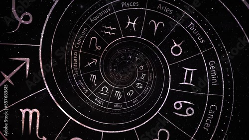 Zodiac astrology signs for horoscope, infinite zoom and tunnel effect on black and white. Good for birth chart or natal chart, future, tarot, prediction. Looped animation background.