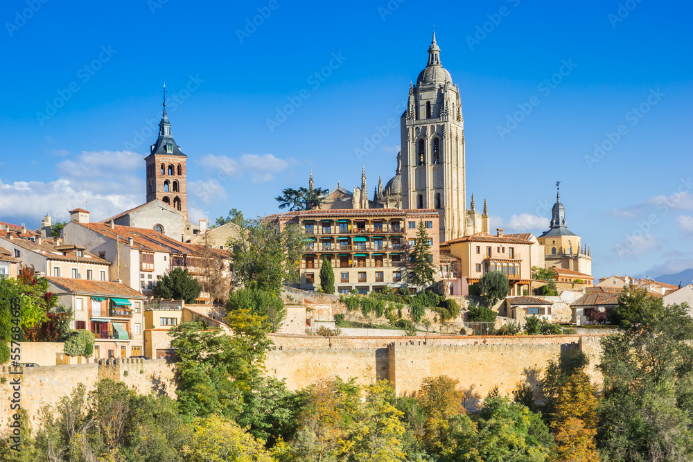 Historic cathedral at the surrounding city wall of Segovia, Spain