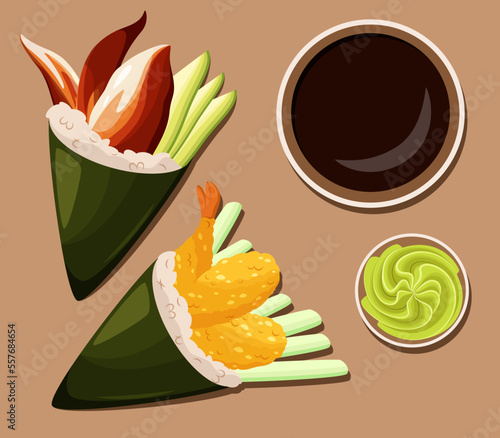 Temaki with eel and shrimp. Japanese cuisine.
