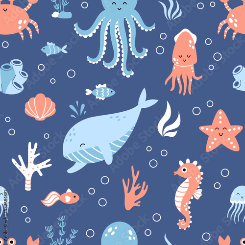 Vector seamless marine pattern. Sea animals on dark blue background. Pattern with whale, octopus, sea crab, starfish, jellyfish and other fishes in flat design. Childish background. © Ulyana Mo