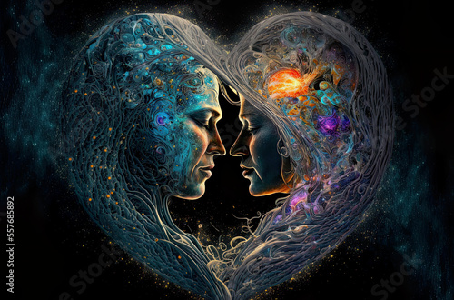 Twin flames, universal love, souls so connected in love, spirituality, love, metaphysical, esoteric, beautiful connection between souls, romance, passion, illustration, generated ai photo