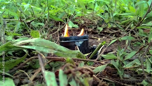 the fire in the can as a light at night in the middle of the forest