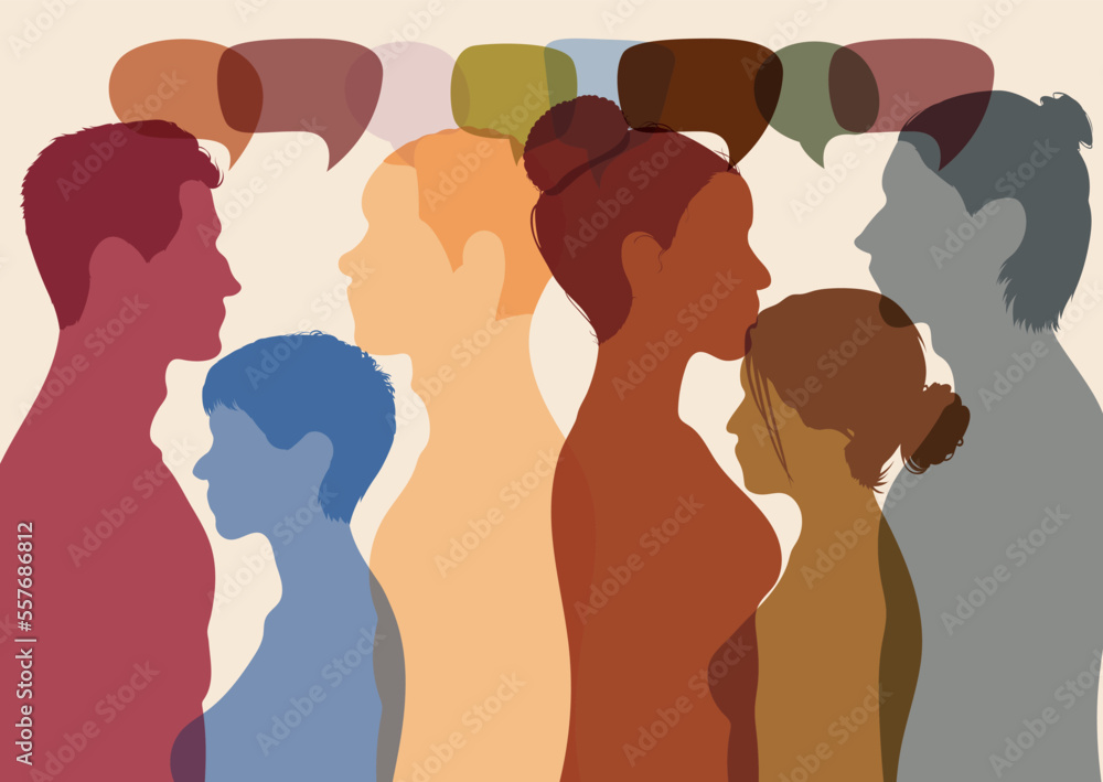 People of diverse backgrounds and speech bubbles. A group of international people are talking. Use social media to communicate. Race and communication. Vector illustration