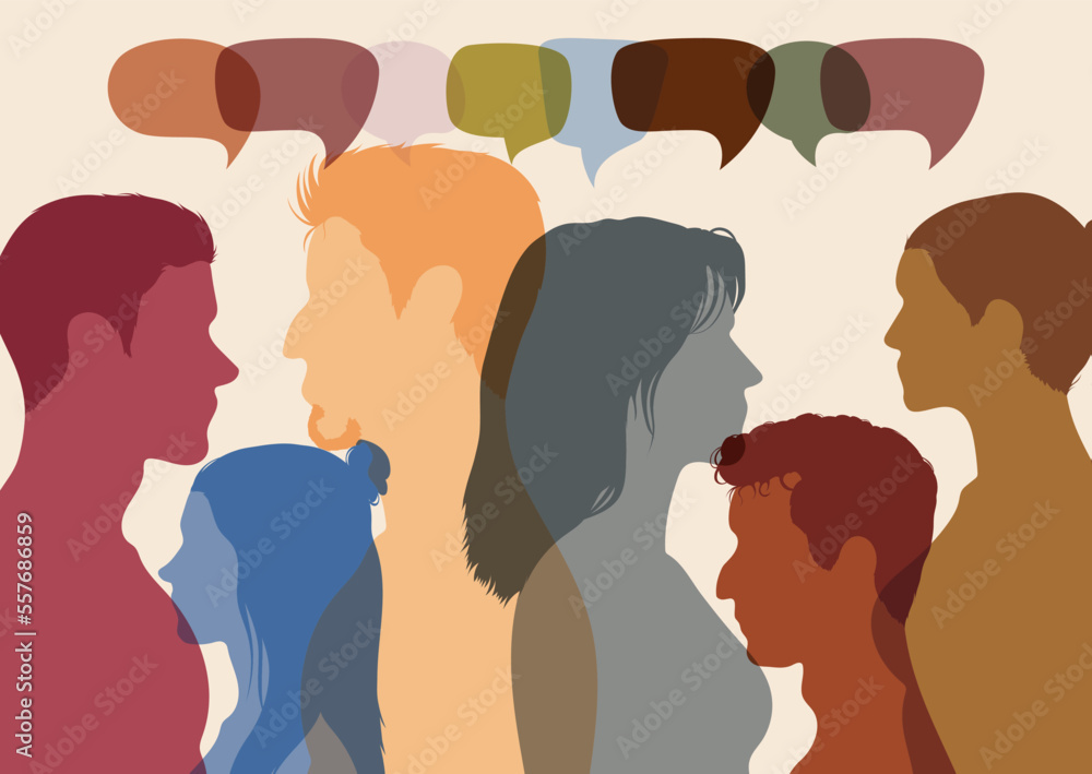 The profile shows a large group of people talking and a diverse group of people. Dialogue between multi-ethnic groups. An idea for communication. Social networking. Vector illustration